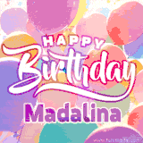 A vibrant name GIF featuring colorful balloons in shades of pink, orange, and yellow with the bold text 'Happy Birthday Madalina' in festive fonts, creating a lively birthday vibe.