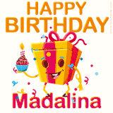 A vibrant and funny gift box character with a happy face dancing with a cupcake and the text 'Happy Birthday Madalina,' surrounded by animated confetti and party vibes.