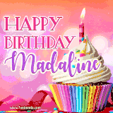 A vibrant birthday GIF featuring a rainbow-colored cupcake topped with white frosting, sprinkles, and a lit candle. The text reads 'Happy Birthday Madaline' in bold pink and violet letters with white outline.