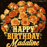 Animated bouquet of orange roses with moving butterfles and golden 'Happy Birthday Madaline' text, surrounded by sparkling accents and a dark backdrop for a luxurious feel.