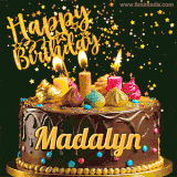 A delightful chocolate birthday cake with bright candles and 'Happy Birthday Madalyn' written in gold amidst a shower of animated stars.