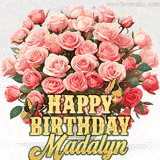 Golden 'Happy Birthday Madalyn' text beneath a vibrant bouquet of orange roses, complete with glittering butterflies and sparkling details.