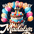 Hand-drawn happy birthday cake adorned with an arch of colorful balloons - name GIF for Madalyn