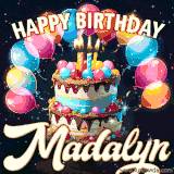 Bright birthday animation for Madalyn with a chocolate cake, candles, balloons, and glowing celebratory lights.