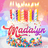 A cheerful white birthday cake with multicolor sprinkles, lit candles, and 'Madalyn' written in vibrant letters, in an animated GIF.