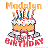 Cartoon birthday cake with a red bow, glowing candles, and 'Madalyn Happy Birthday' text in bold animated style.