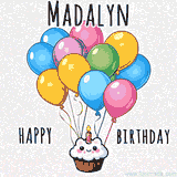 An adorable and cute cupcake with a smiley face and moving colorful balloons create a joyful birthday greeting for Madalyn in this cheerful animated greeting E-card.