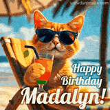 An animated orange cat wearing sunglasses, sitting on a beach chair with a tropical drink, with a festive 'Happy Birthday Madalyn!' message.