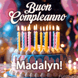 Birthday cake topped with pink and yellow lit candles, surrounded by glowing bokeh lights and party balloons. The greeting 'Buon Compleanno Madalyn GIF!' is displayed.