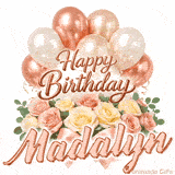 Seamlessly looping Happy Birthday Madalyn wish with pastel flowers and balloons