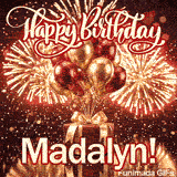 Metallic gold and red party balloons tied to a luxury gift package under a sky filled with bright firework bursts, made for Madalyn.