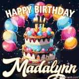 Bright birthday animation for Madalynn with a chocolate cake, candles, balloons, and glowing celebratory lights.