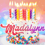 A cheerful white birthday cake with multicolor sprinkles, lit candles, and 'Madalynn' written in vibrant letters, in an animated GIF.