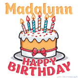 Cartoon birthday cake with a red bow, glowing candles, and 'Madalynn Happy Birthday' text in bold animated style.