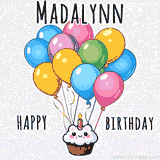 An adorable and cute cupcake with a smiley face and moving colorful balloons create a joyful birthday greeting for Madalynn in this cheerful animated greeting E-card.