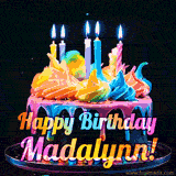 A mesmerizing animated cake with multicolor frosting and candles, and the words 'Happy Birthday Madalynn' on the black background.