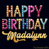 Vibrant luxury birthday greeting card for Madalynn, showing glittering gemstone letters and golden calligraphy on a dark background with twinkling shine effects.