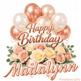 Beautifully animated Happy Birthday Madalynn e-card with rose gold decorations