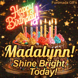 Festive chocolate cake GIF with the name Madalynn! written on the dark glaze under flickering candles.