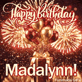 Festive present GIF with the name Madalynn, decorated with a gold bow, shiny balloons, and sparkly fireworks.