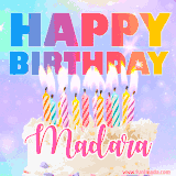 A vibrant animated name GIF with the words 'Happy Birthday Madara' with colorful candles on a creamy cake. The background sparkles with pastel shades, adding a festive touch.
