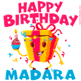 A vibrant and funny gift box character with a happy face dancing with a cupcake and the text 'Happy Birthday Madara,' surrounded by animated confetti and party vibes.