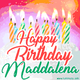 Bright birthday candles with rainbow flames on a cake, alongside the text 'Happy Birthday Maddalena' in vibrant script in this celebratory animated GIF.