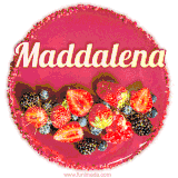 Beautifully decorated red velvet berry birthday cake with vibrant fruits and a glowing 'Maddalena' name, adding a touch of sweetness and sparkle.