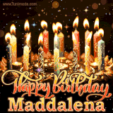 A glowing personalized birthday GIF with name Maddalena featuring lit candles with intricate designs, warm lighting, and the text 'Happy Birthday' in an elegant font.