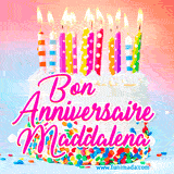 A white birthday cake covered in colorful sprinkles, topped with bright candles, and French text 'Bon Anniversaire Maddalena' on a pastel gradient background in an animated GIF.