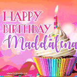 A vibrant birthday GIF featuring a rainbow-colored cupcake topped with white frosting, sprinkles, and a lit candle. The text reads 'Happy Birthday Maddalena' in bold pink and violet letters with white outline.