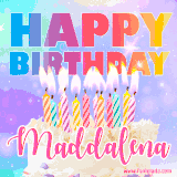 A vibrant animated name GIF with the words 'Happy Birthday Maddalena' with colorful candles on a creamy cake. The background sparkles with pastel shades, adding a festive touch.