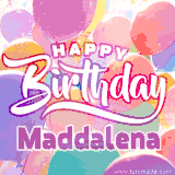 A vibrant name GIF featuring colorful balloons in shades of pink, orange, and yellow with the bold text 'Happy Birthday Maddalena' in festive fonts, creating a lively birthday vibe.
