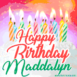 Bright birthday candles with rainbow flames on a cake, alongside the text 'Happy Birthday Maddalyn' in vibrant script in this celebratory animated GIF.
