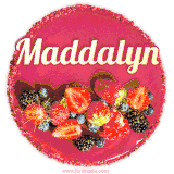 Beautifully decorated red velvet berry birthday cake with vibrant fruits and a glowing 'Maddalyn' name, adding a touch of sweetness and sparkle.