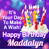 A colorful birthday GIF for Maddalyn featuring a cupcake with vibrant lit candles and the text 'It's Your Day to Make a Wish! Happy Birthday Maddalyn' in bold letters on a festive purple background.