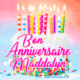 A white birthday cake covered in colorful sprinkles, topped with bright candles, and French text 'Bon Anniversaire Maddalyn' on a pastel gradient background in an animated GIF.
