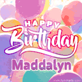 A vibrant name GIF featuring colorful balloons in shades of pink, orange, and yellow with the bold text 'Happy Birthday Maddalyn' in festive fonts, creating a lively birthday vibe.