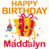 A vibrant and funny gift box character with a happy face dancing with a cupcake and the text 'Happy Birthday Maddalyn,' surrounded by animated confetti and party vibes.