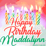 Bright birthday candles with rainbow flames on a cake, alongside the text 'Happy Birthday Maddalynn' in vibrant script in this celebratory animated GIF.