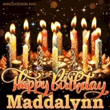 A glowing personalized birthday GIF with name Maddalynn featuring lit candles with intricate designs, warm lighting, and the text 'Happy Birthday' in an elegant font.