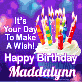 A colorful birthday GIF for Maddalynn featuring a cupcake with vibrant lit candles and the text 'It's Your Day to Make a Wish! Happy Birthday Maddalynn' in bold letters on a festive purple background.