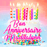 A white birthday cake covered in colorful sprinkles, topped with bright candles, and French text 'Bon Anniversaire Maddalynn' on a pastel gradient background in an animated GIF.