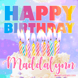 A vibrant animated name GIF with the words 'Happy Birthday Maddalynn' with colorful candles on a creamy cake. The background sparkles with pastel shades, adding a festive touch.
