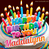 A colorful birthday cake topped with lit candles, with the words 'Happy Birthday Maddalynn' in bold glowing letters on a burgundy background. Animated flames add a festive touch.
