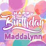 A vibrant name GIF featuring colorful balloons in shades of pink, orange, and yellow with the bold text 'Happy Birthday Maddalynn' in festive fonts, creating a lively birthday vibe.