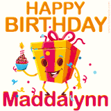 A vibrant and funny gift box character with a happy face dancing with a cupcake and the text 'Happy Birthday Maddalynn,' surrounded by animated confetti and party vibes.