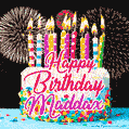 Amazing Animated GIF Image for Maddax with Birthday Cake and Fireworks
