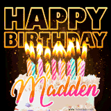 A vibrant animated GIF featuring a delicious birthday cake topped with glowing candles and the name 'Madden' in elegant script, and the words 'Happy Birthday' on the black background.