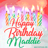 Bright birthday candles with rainbow flames on a cake, alongside the text 'Happy Birthday Maddie' in vibrant script in this celebratory animated GIF.